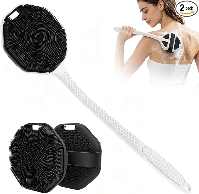 Back Scrubber for Shower 2 Pack, Silicone Body Scrubber with Long Handle, Detachable Body Wash Bath Scrubber Shower Scrub Brush -Dense Bristles Exfoliating & Lather Well for Women Men Black