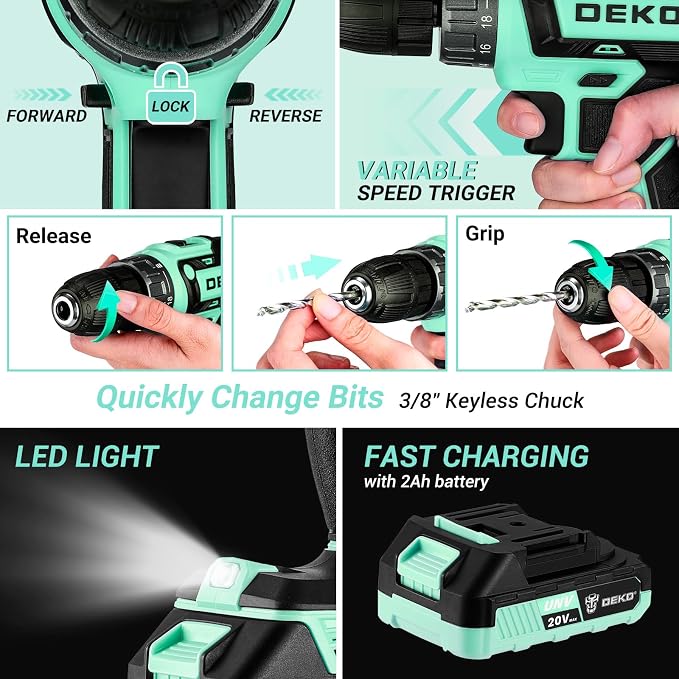 Drill Tool Kit Set: 20V Cordless Power Drill Tool Box with Battery Electric Drill Driver for Men Home Hand Repair Basic Toolbox Tools Sets Drills Case, Turquoise