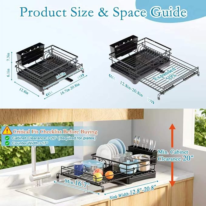 Expandable Dish Drying Rack for Kitchen Counter, Large Capacity Dish Rack with 360° Rotatable Drain Spout & Utensil Holder, Stainless Steel Dish Drainer for Kitchen Sink, Black