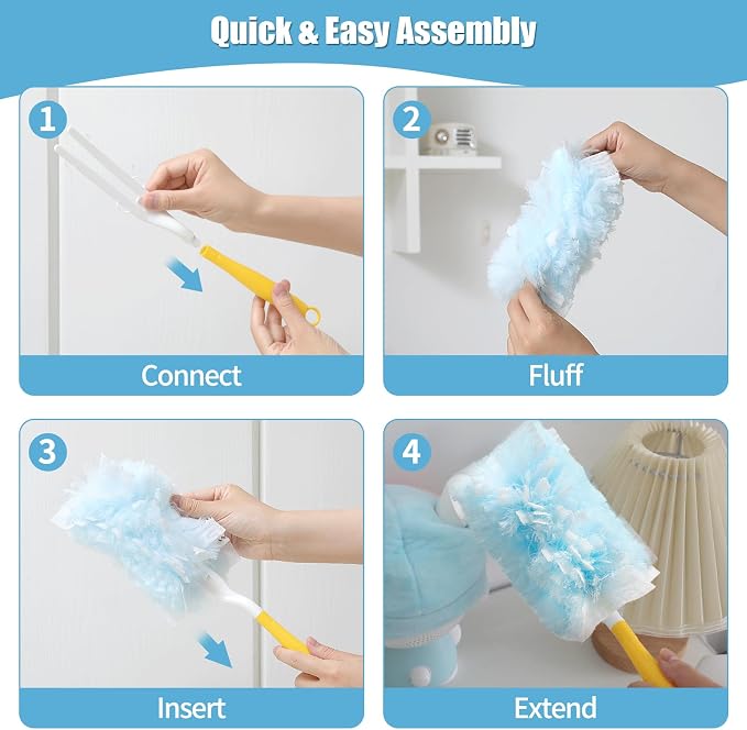 60 Count 360° Heavy Duty Duster Refills Compatible with Swiffer, Large Size-Extra Thick Disposable Electrostatic Duster Refill with 1 Short Handle for Furniture, Blinds, Ceiling Fans