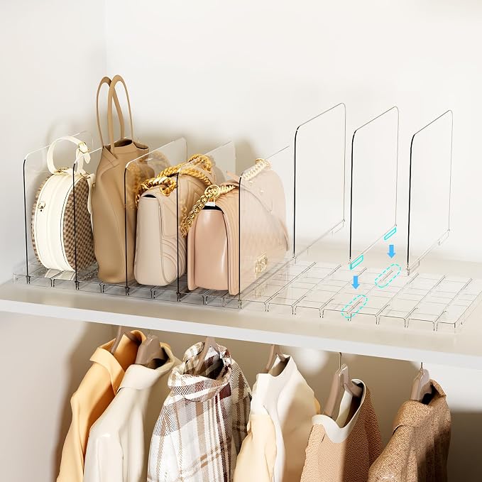 Bag & Purse Organizer for Closet Stackable Acrylic Shelf Dividers for Closet Organization, Clear Handbag Purse Storage Organizer Divider, Keep Clutch, Wallet, Pocketbook Upright, 2 Pack