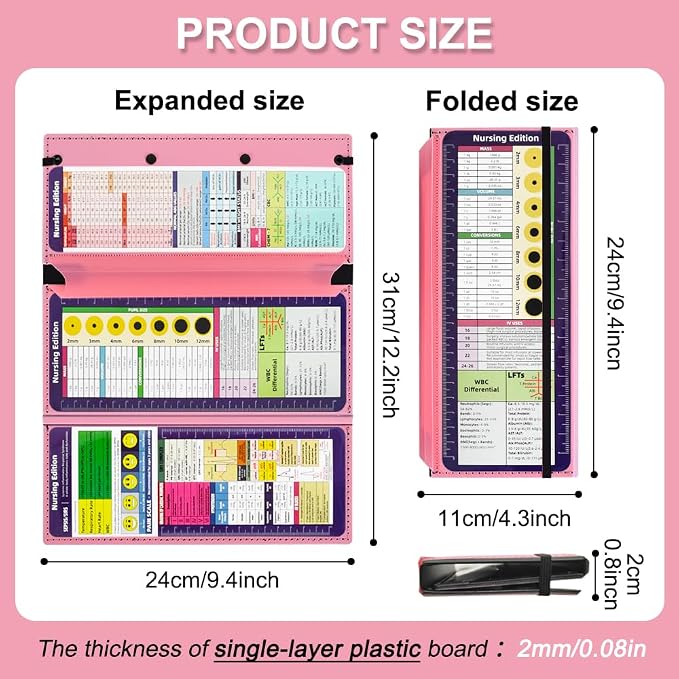 Vuzvuv Pink Foldable Nursing Clipboard Nurse Clip Board-1pcs 3 Layers | Sturdy Lightweight Plastic, Fits Pockets/Bags, Built-In Medical Cheat Sheets, for Nurses, Doctors, Medical Students