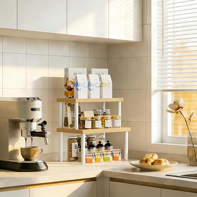 HOOBRO Cabinet Organizer Shelf, kitchen countertop organizer, Kitchen Storage, Spice Rack for cabinet, Stackable, Expandable, for Countertop,kitchen,cabinet, White and Natural WN15TL01