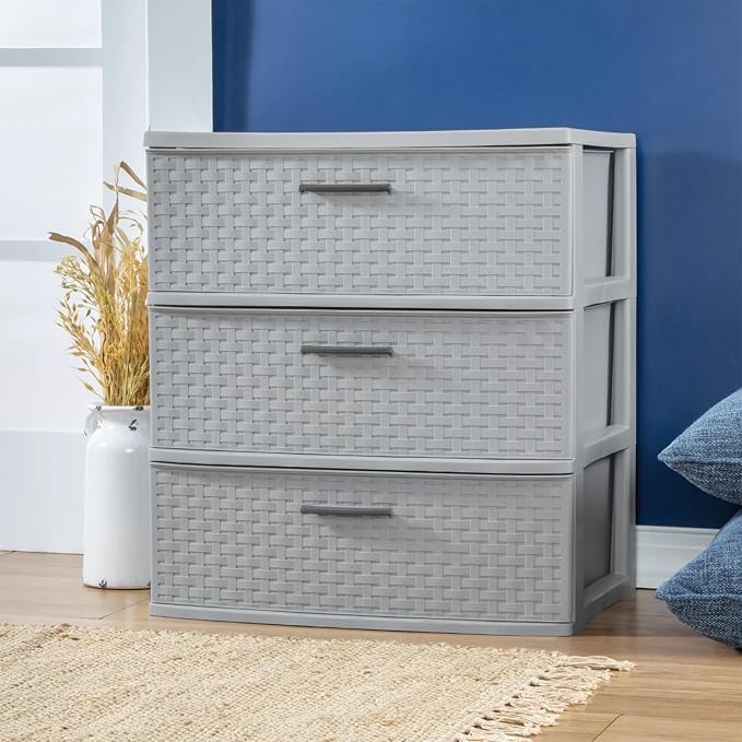 Sterilite 3 Pack 3 Drawer Wide Storage Tower, Weave Organizer, Cement | Lightweight Opaque Home Organization Container for Bedrooms, Closets, or Bathrooms