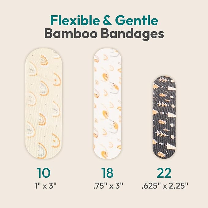 FEBU Sloth Fabric Bandages | PFAS Free Flexible Fabric Bandages | Natural Hypoallergenic Bandage for Scrapes, Cuts & First Aid | Compostable, Latex Free Bandage | 50 Count Strip
