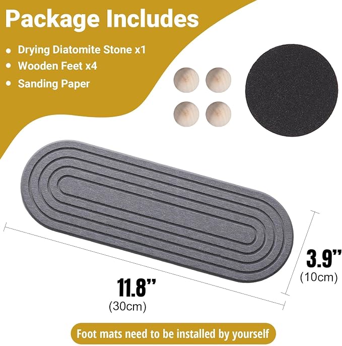 Instant Dry Stone Sink Tray, 11.8x3.9 Water Absorbing Diatomite Stone Tray for Sink with Wooden Feet, Sink Caddy Stone, Kitchen Sink Organizer (Dark Grey)