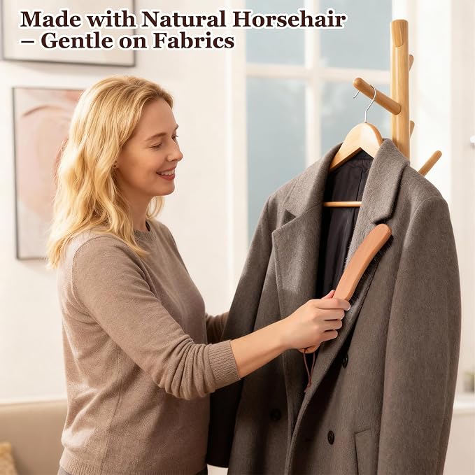 2 Pcs Lint Brushes for Clothes with 100% Soft Horse Hair Bristle Beech Wood Handle Natural Reusable Garment Brush Lint Remover for Hat Wool Coats Suits Hat Velvet Furniture Pet Hair Shoe