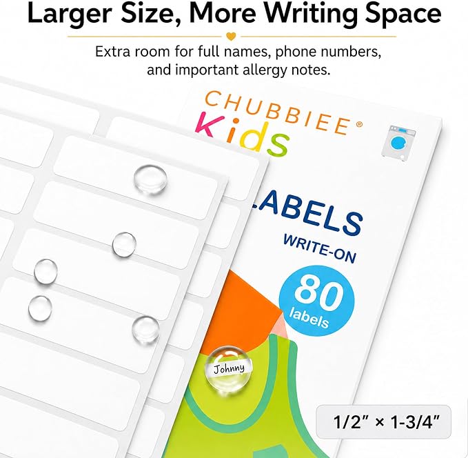 All Purpose No-Iron Kids Clothing Labels, 80-Pack | Self-Stick Write-On Fabric Labels for Camp, School, Daycare, Nursing Care, Toys, Organizing, Washer & Dryer Safe