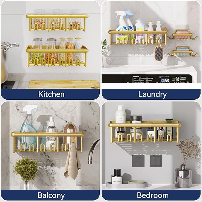 8 Pack Adhesive Rustproof Shower Caddy with Soap Dishes, Toothbrush Holder & Hooks, Large Capacity No-Drilling Shower Shelves Rack for Bathroom Organizers and Storage Accessories, Gold