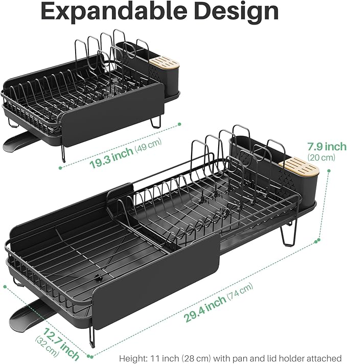 Large Expandable Dish Drying Rack for Kitchen Counter, 19.3-29.4 in, Black | Family Size Capacity, Adjustable Dividers for Pan, Lid & Cutting Board, Stainless Steel, Rotating Spout, Utensil Holder