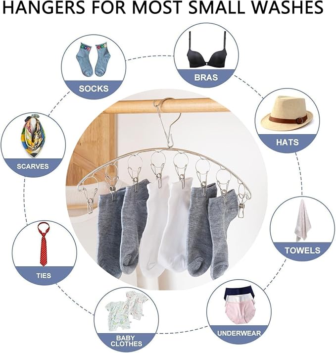 Stainless Steel Laundry Drying Rack Clothes Hanger with Windproof Hook,Underwear Hanger,Clothes Hangers with 8 Clips for Drying Socks,Diapers,Baby Clothes (3 Pack)