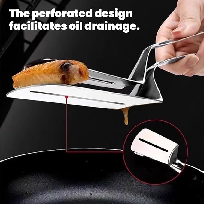 Stainless Steel Grill Clamp, Grill Clamp Spatula, Anti-Scald Extended Handle Spatula Tongs, Stainless Steel Kitchen Tongs for Grilling Meat, Fish and Pancakes (1PCS)