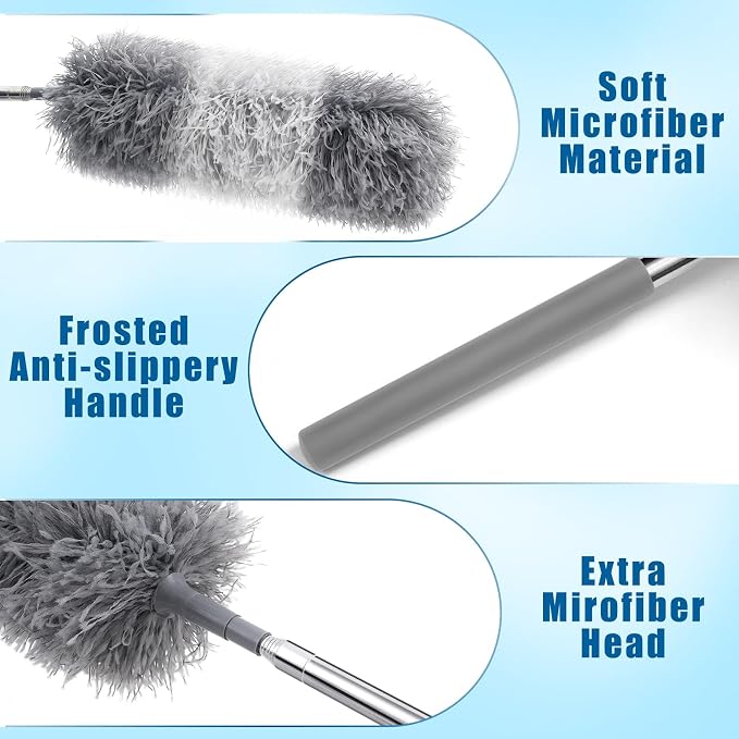 Tanlade 12 Pcs Microfiber Feather Duster for Cleaning, Extendable 13-31 Inch Ceiling Fan Duster with Bendable Head, Washable Tools for Ceiling Fans, Furniture, Car, Cobwebs (Gray White)