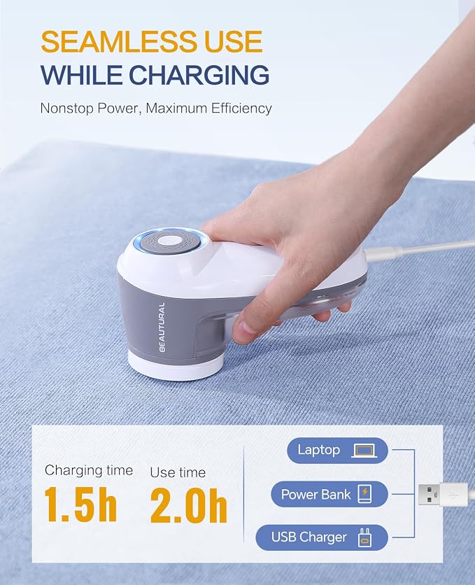 BEAUTURAL Fabric Shaver and Lint Remover, Rechargeable Sweater Defuzzer | 6-Leaf Blades, Electric Clothes Shavers to Trim Fuzz and Pills, Remove Pilling for Clothing, Furniture, Couch, Blanket