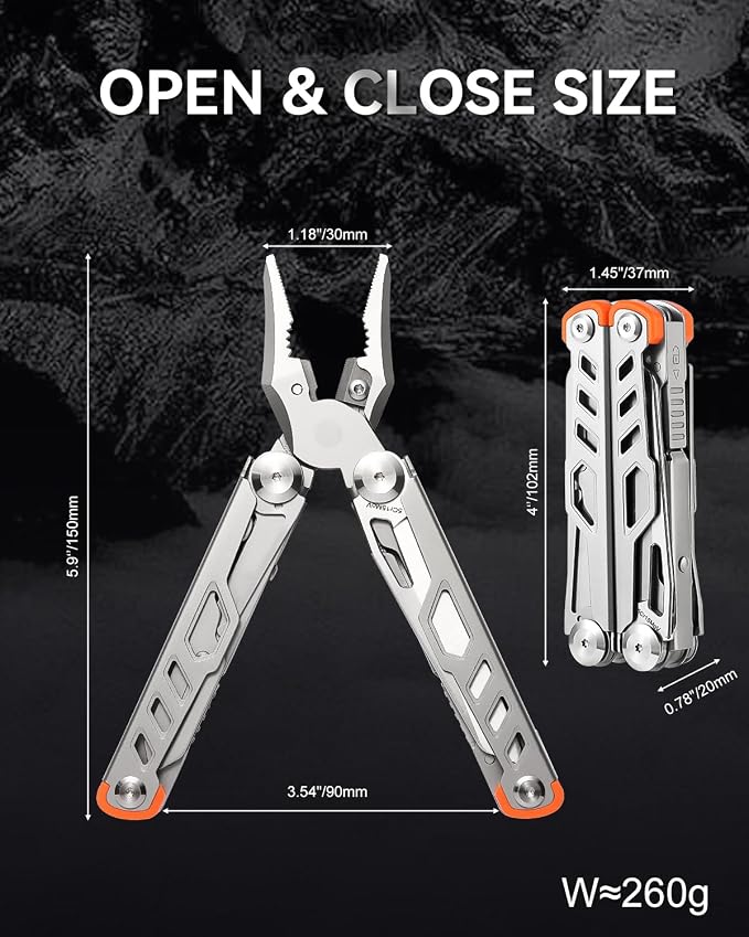 Strong 15-in-1 Multitool Pliers with Sheath, Stainless Steel, Grey | Folding Multi Tool, Needle Nose Pliers & Wire Cutters, Knife, Saw, Screwdrivers, Bottle Opener, EDC Pocket Knife
