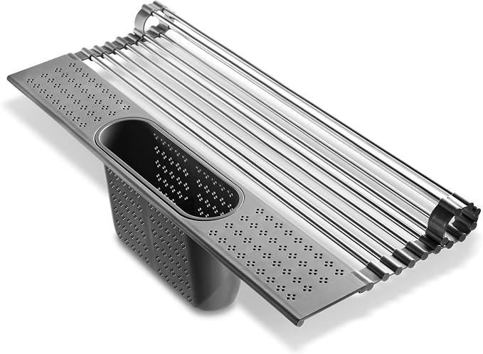 edge Roll Up Dish Drainer, Over The Sink Multi-Purpose Foldable Drying Rack with Caddy, Gray, Large - 20"x11"
