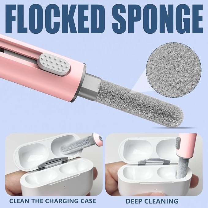 Inesore Multi Cleaning Kit for AirPods & All Bluetooth Earbuds (Pink) | Metal Tip, High-Density Soft Brush, Flocked Sponge Tip, 3 in 1 Design, Compact & Lightweight, Easy Operation, Easy to Carry