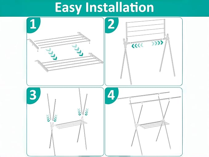 Foldable Clothes Drying Rack 63 Inch Stainless Steel, Heavy Duty Space Saving Laundry Rack Indoor Outdoor, Double Rod Design for Balcony, Laundry Room, Home