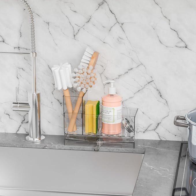 Yieach Clear Kitchen Sponge Holder for Sink,Acrylic Sponge Caddy for Kitchen Sink with Brush Holder,Rustproof Kitchen Sink Organizer for Sponge, Soap Dispenser Storage Accessories and Self Drain Tray