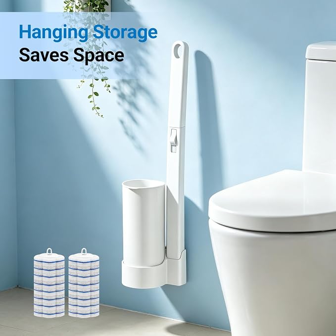 SetSail Disposable Toilet Brush, Wall Mount Toilet Brush with Holder Set Contains 16 Replacement Toilet Bowl Cleaner Wand Long Handled Toilet Kit Flip Top Toilet Brush for Bathroom Cleaning, White