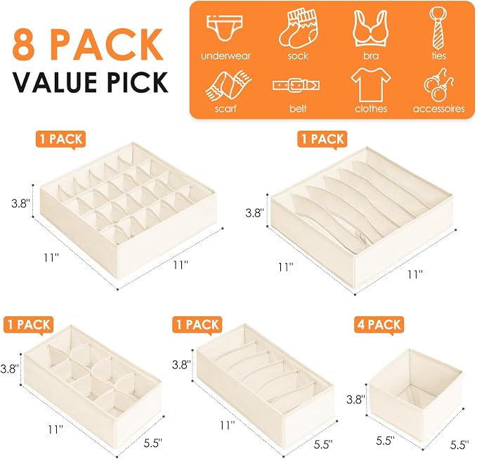 Criusia Drawer Organizer Clothes, 8 Pack Dresser Organizer Bins for Baby Clothes, Underwear Sock, Fabric Closet Organization and Storage Dividers for Nursery Bedroom (48 Compartments, Beige)