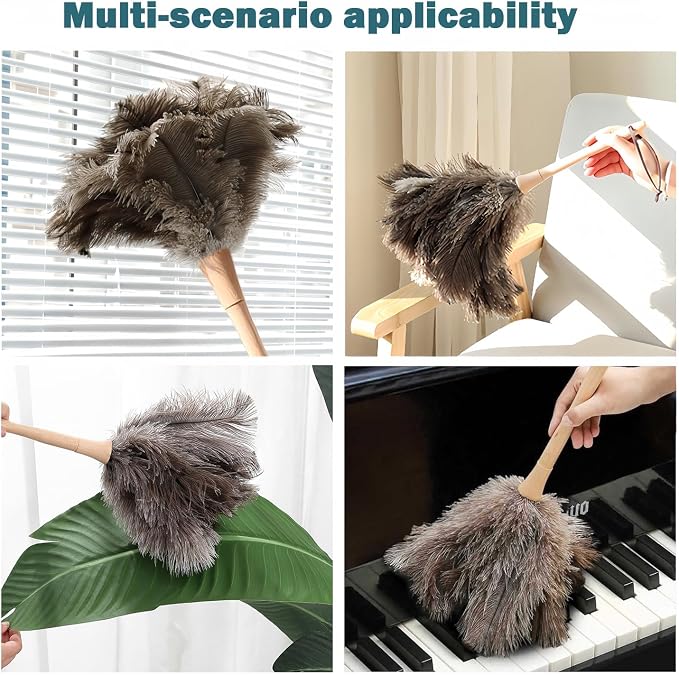 DDZMZ Ostrich Feather Duster for Cleaning with Wooden Handle,16",Brown | Genuine Natural Fluffy,Reusable and Washable,Gentle on Delicate Surfaces,for Home,Furniture,Desk