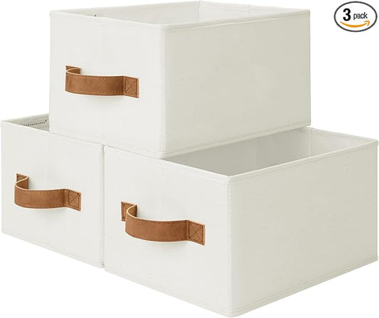 StorageWorks Closet Organizer Storage Baskets, Storage Bins for Shelves, Fabric Organization and Storage, Foldable Closet Organizer for Clothes, Ivory White, 3-Pack, Small