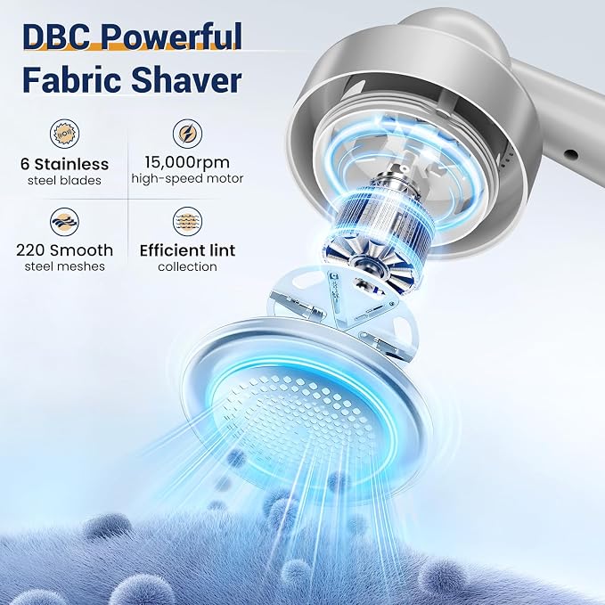DBC Fabric Shaver Lint Remover for Clothes, Sweaters, Couch & Furniture | 6-Leaf Blade, 3 Speeds, 2H Runtime, Portable Design Perfect for Travel, Includes 2 Extra Blades, Grey