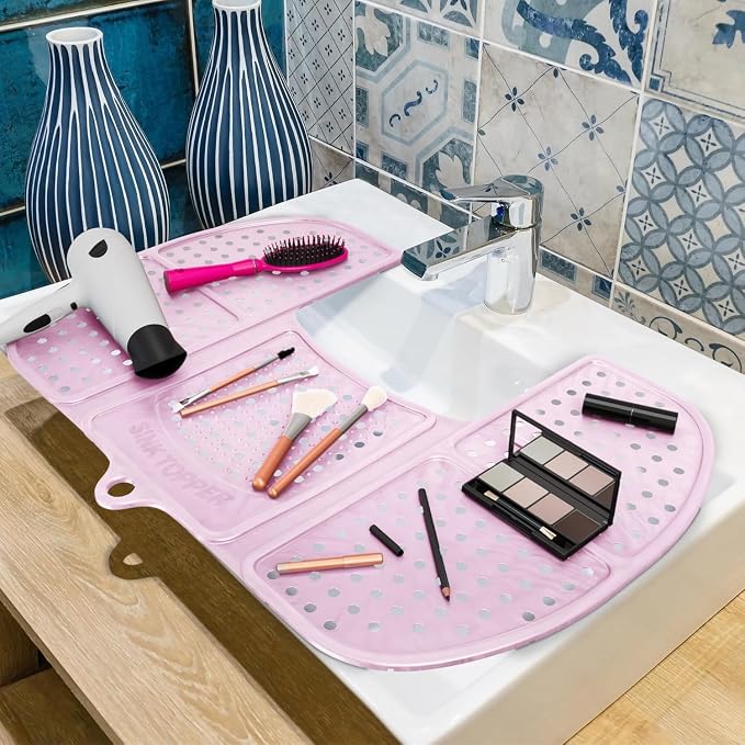 Sink Topper Bathroom Sink Cover for Counter Space, Large Pink | Holds up to 7 lb on a steel frame; fits over basins 19-23 in; 480°F silicone; foldable makeup mat; countertop extender