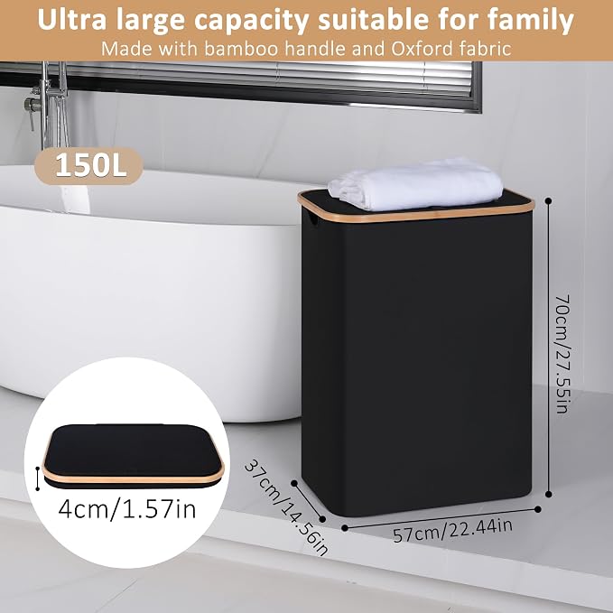 iEGrow 150L Laundry Basket with Lid,Large Laundry Hamper with Bamboo Handles, Hampers for Laundry, Dirty Clothes Hamper with 2 Removable Inner Bags for Clothes Towels,Black