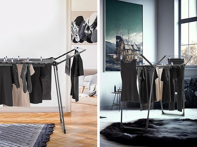 Leifheit Pegasus 150 Solid Slim Black Edition Clothes Airer, Stable Tumble Dryer, Long Wings, Particularly Compact Wing Balcony Airer that Goes Through Narrow Doors