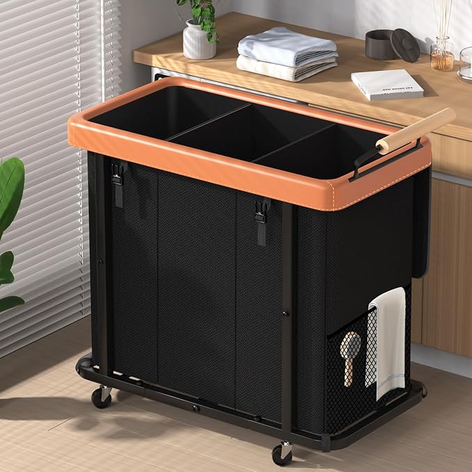 Rolling Laundry Hamper with Wheels, Laundry Hamper 3 Section with Lid Black | Laundry Basket with Rolling Lockable Wheels and Handle, Laundry Basket Organizer for Laundry Room, Bedroom 230L