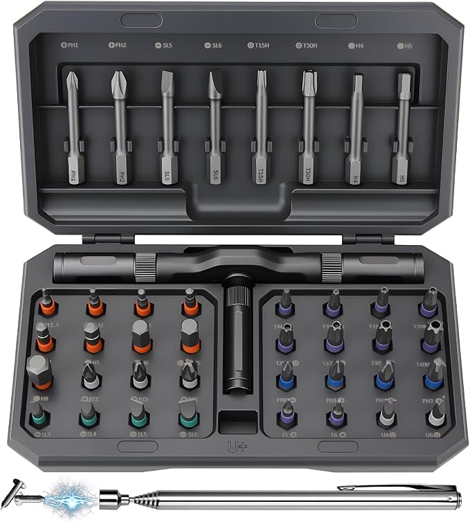 DISEN 43PCS Ratcheting Screwdriver Set T-Handle 40 Bits S2 Steel | 58-Tooth ratchet | Magnetic pickup | T-handle grip|For laptop, PC, game console, furniture, bike | Storage case included