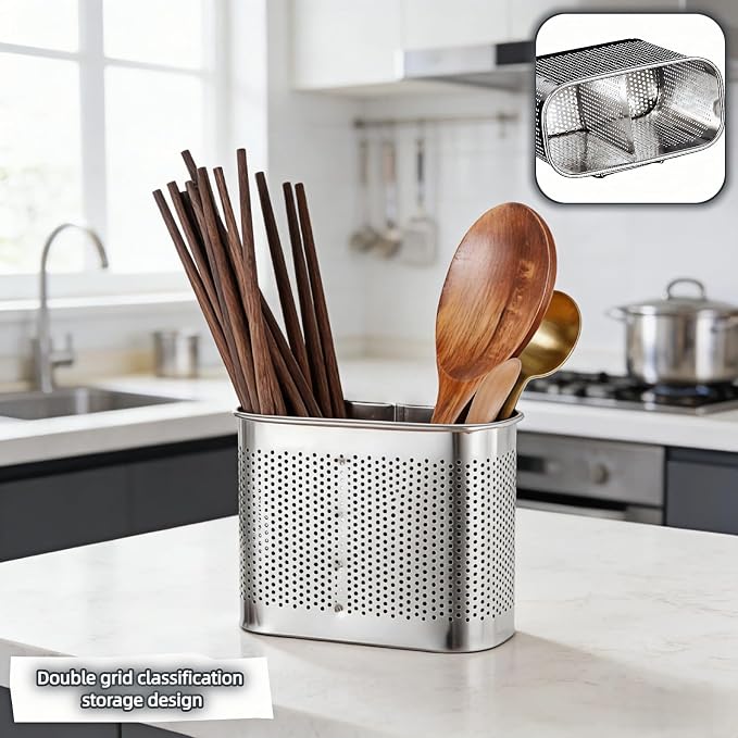 Stainless Steel Kitchen Utensil Holder with Hooks, 2-Tier Stainless Steel 304 Utensil Holder,Rustproof Heavy Duty Dish Drainer for Kitchen Sink Countertop,5.51x4.33x2.76 Inch