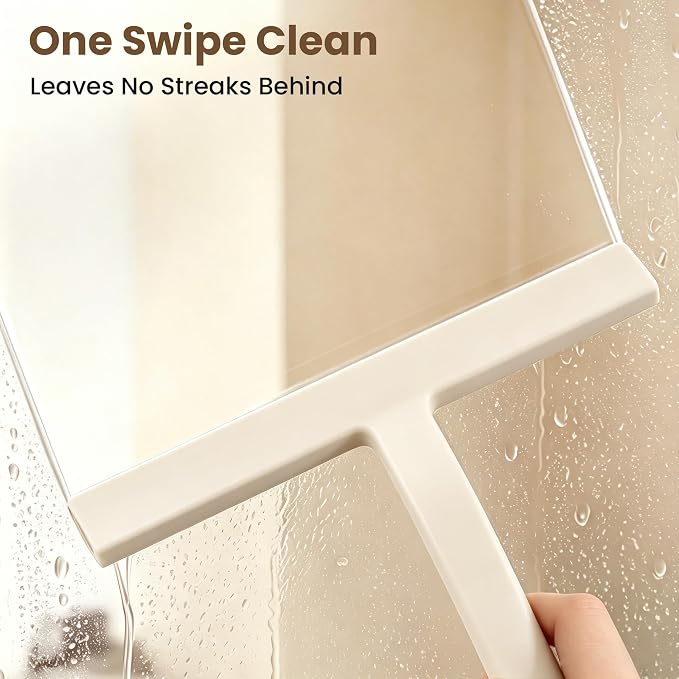 Shower Squeegee for Glass Doors - 10 Inch Bathroom Squeegee with Ergonomic Round Grip, Built-in Hook, Streak-Free No-Squeak Silicone Blade for Shower Glass, Tile Walls, Mirrors & Windows, White