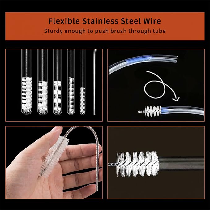 10 Pcs Flexible Drain Brush Straw Cleaner Brush Set,Pipe Cleaners Brush,61Inch Stainless Steel Double-Ended Hose Brush 8.2Inch Nylon Long CPAP Tube Cleaning Brush for Home Kitchen Sink Plumbing(White)