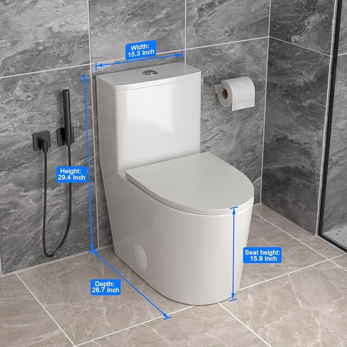 12'' Rough-in One Piece Toilet - High Efficiency Water Saving Ceramic Compact Toilets with 15.7" Soft Close Chair Seat 1.1/1.6 GPF Dual Flush Easy to Clean 15.3''x26.7''x29.4''