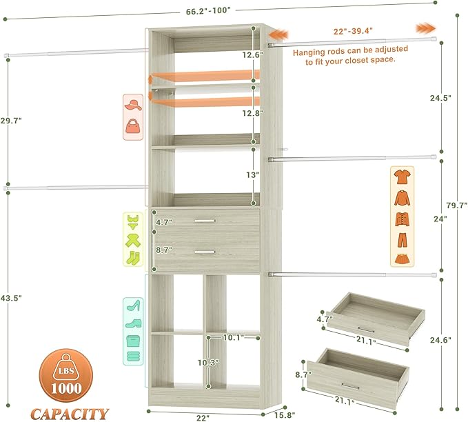 Besiost Closet System, 4-8 FT Closet Organizer Systems with 2 Wooden Drawers and 5 Hanging Rods, Can Fit 60 to 96 inch Walk-in Closet System, Greige Oak