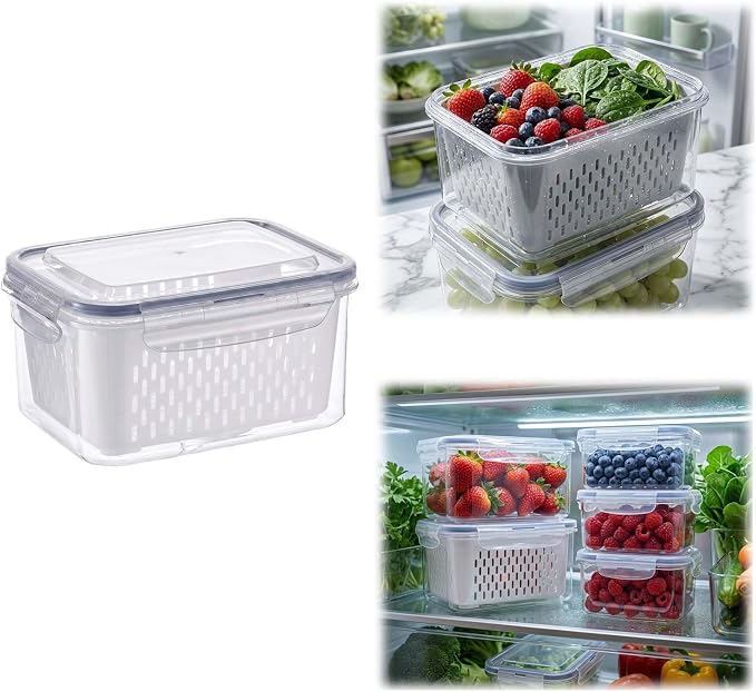 Fruit Storage Containers for Fridge with Removable Colander, Airtight Produce Storage Containers with Lids, Fridge Organizers and Storage for Berry, Fruit, Vegetables, Salad & Meal Prep (Gray, S)