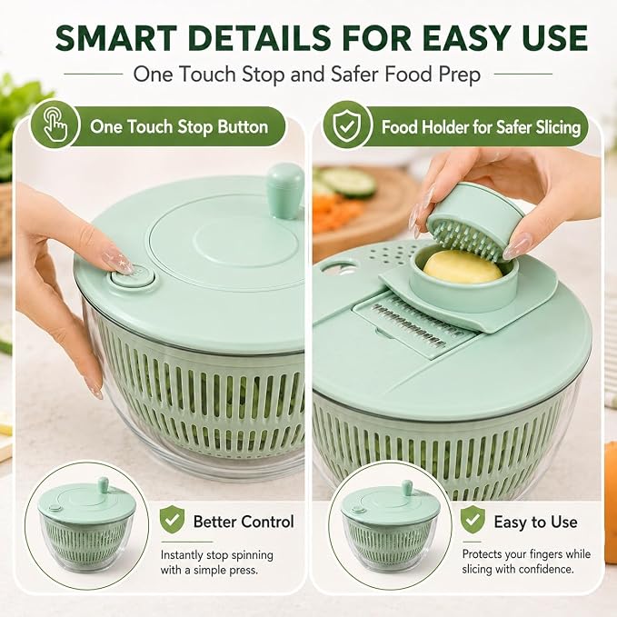 Multifunctional Salad Spinner with Slicer, 3 in 1 Vegetable Fruit Washer Dryer, Kitchen Chopper Tool Set with 5 Interchangeable Blades Egg Separator Large Lettuce Dehydrator | White
