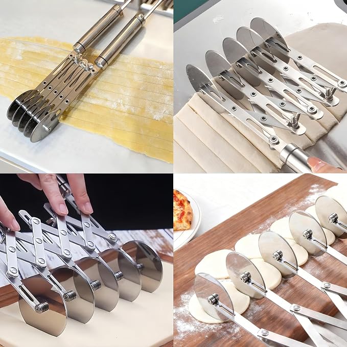 Wheel Adjustable Pasta Cutter with Handle - Stainless Steel Multi-Tool for Baking Pastry, Pizza, Noodles & Pie Crust (3 Roller)