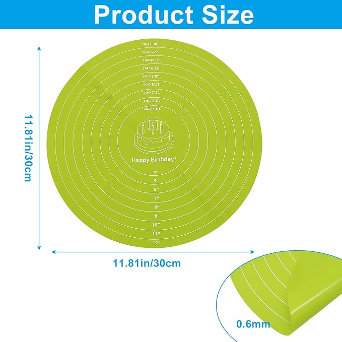 12 Inch Round Silicone Cake Mat with Measurements, Non-Stick Baking Mat for Cake Turntable, Dough Rolling, Cookies & Pizza, Heat Resistant Reusable Pastry Pad(Green)