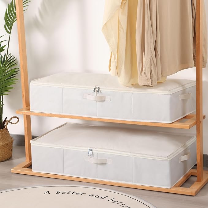 Underbed Storage Organizers,Beige,2 Pack,23.6x11.8x5.9 Inch | Under Bed Storage Container with Lids,Fabric Boxes,Drawer Organizer Bags,Foldable Baskets for Bedroom