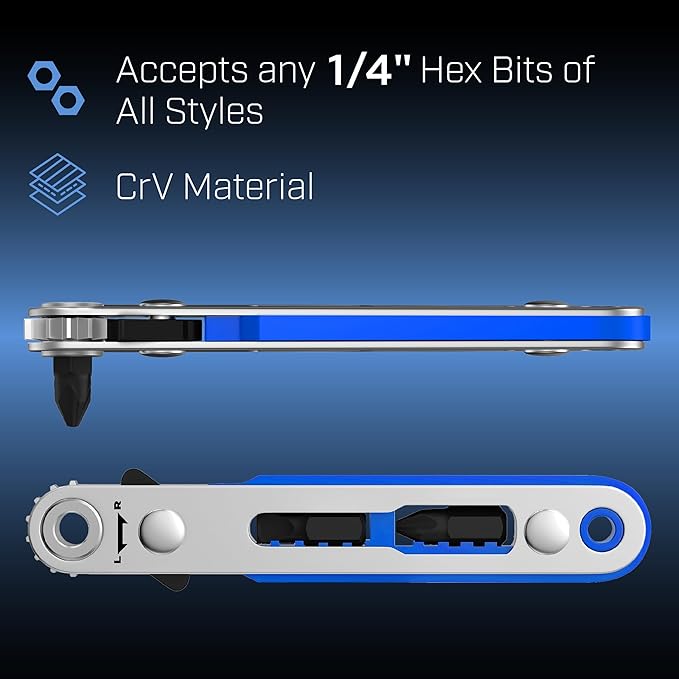 Bates- Mini Ratchet Wrench, 1/4" Magnetic 90 Degree Screwdriver, Blue, Low Profile Right Angle Screwdriver for Tight Spaces