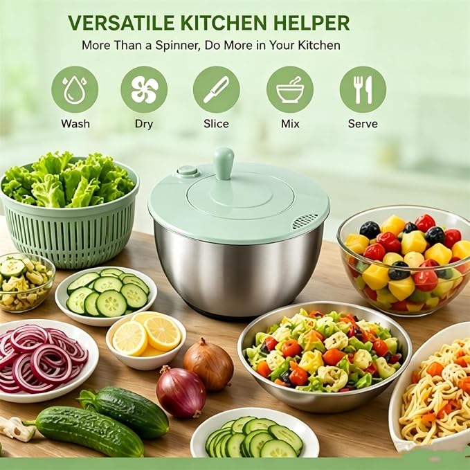 3 in 1 Salad Spinner with Mandoline Slicer, All in One Slicer Bowl, Multifunctional Salad Spinner Small Stainless Steel, Vegetables Wash Bowl, Fruits & Lettuce Dryer with 5 Blade (Stainless Steel)