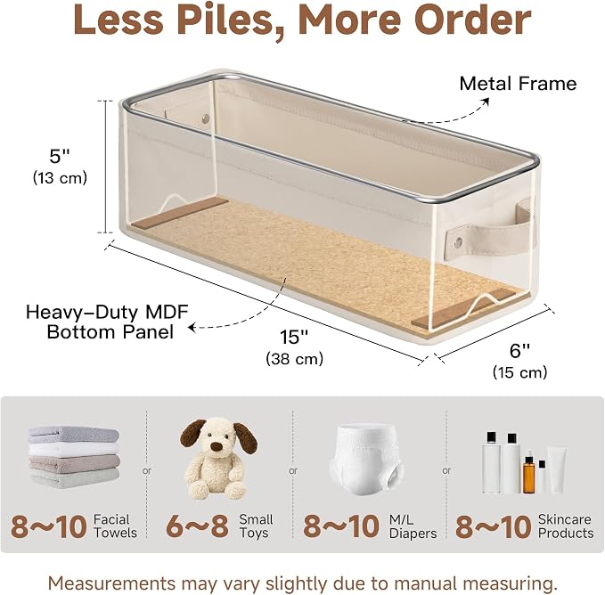 StorageWorks Narrow Storage Bins, Small Basket for Closet and Shelves, Fabric Organizer with Handles, Toilet Paper Storage, Beige, Cool Cotton, 2-Pack
