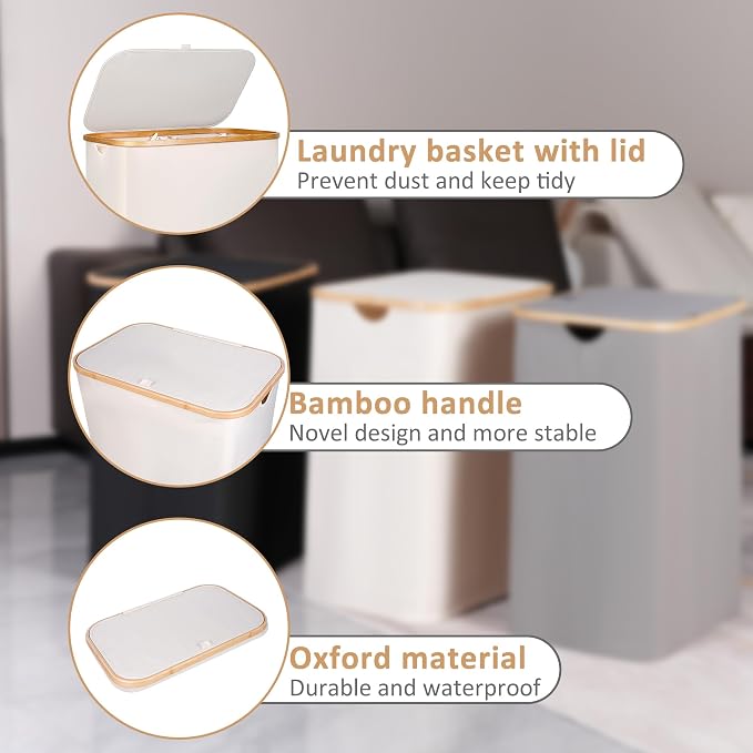 iEGrow 150L Laundry Basket with Lid,Large Laundry Hamper with Bamboo Handle,Foldable Dirty Clothes Hamper Organizer with 2 Removable Inner Bags for Clothes Towels - Beige
