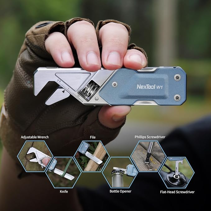 NexTool W1 Adjustable Wrench Multitool, 6-in-1 EDC Screwdriver Tool | Wide Jaw Opening, 9 pack bits set, Durable Stainless Steel, Portable with Nylon Sheath for Cycling, Outdoor, Repairs