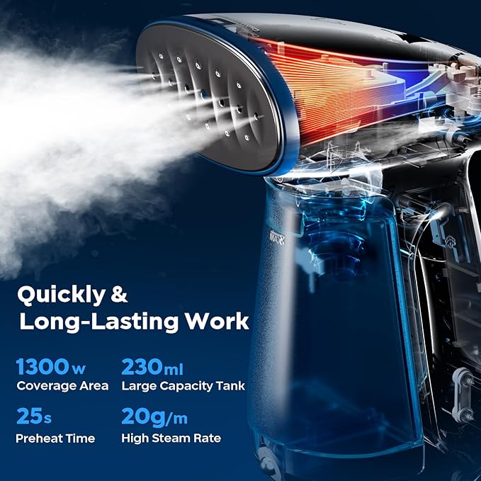 Bear Steamer for Clothes, 1300W 230ml Fast-Heat Handheld Clothes Steamer | Essential Oil Compatible,Auto-off Safety,Brush Included,360° Built-in Balls,Wrinkle Removal for Home&Travel,Blue