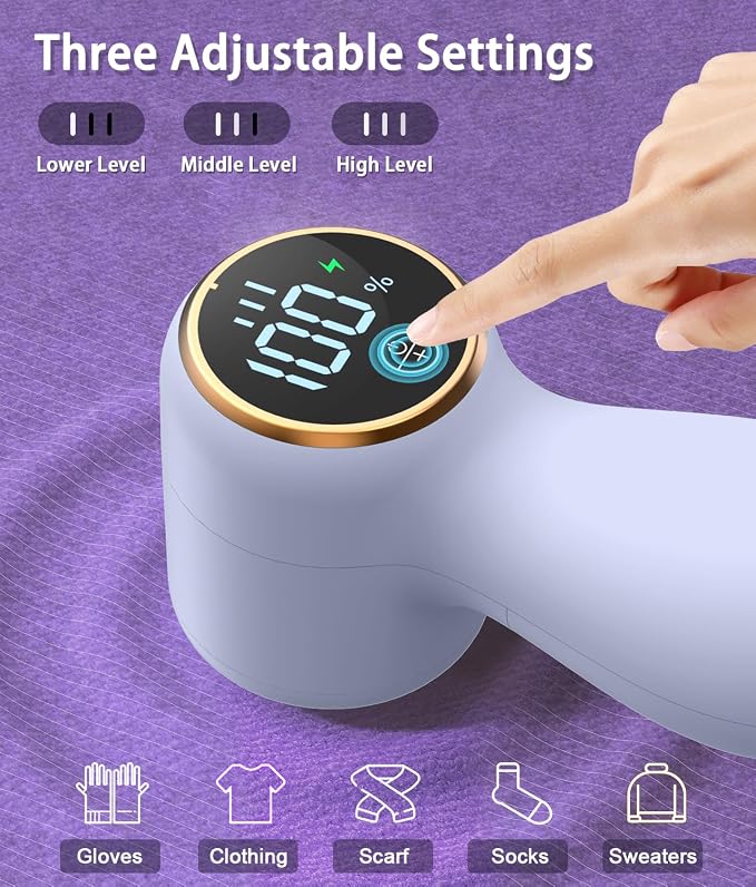 Rechargeable Fabric Shaver,Lint Remover, 3-Speed Sweater Shaver with LED Display, 2 Replaceable Stainless Steel 6-Blade Heads for Clothes, Sweaters, Furniture, Lint Balls and Fabric Pilling